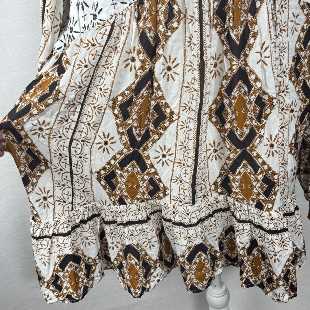Free People Women Large White Brown Geometric Medallion Boho Mini Dress OB456201 - Picture 8 of 9